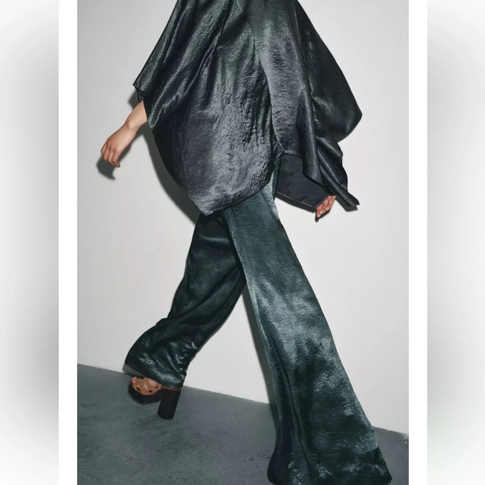 Zara NWT green oversized flowy satin wide leg pants